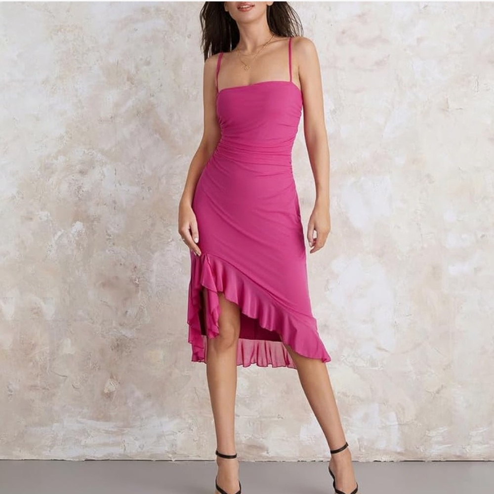 Y2K ruffle strap maxi dress in color Fuschia. Size M